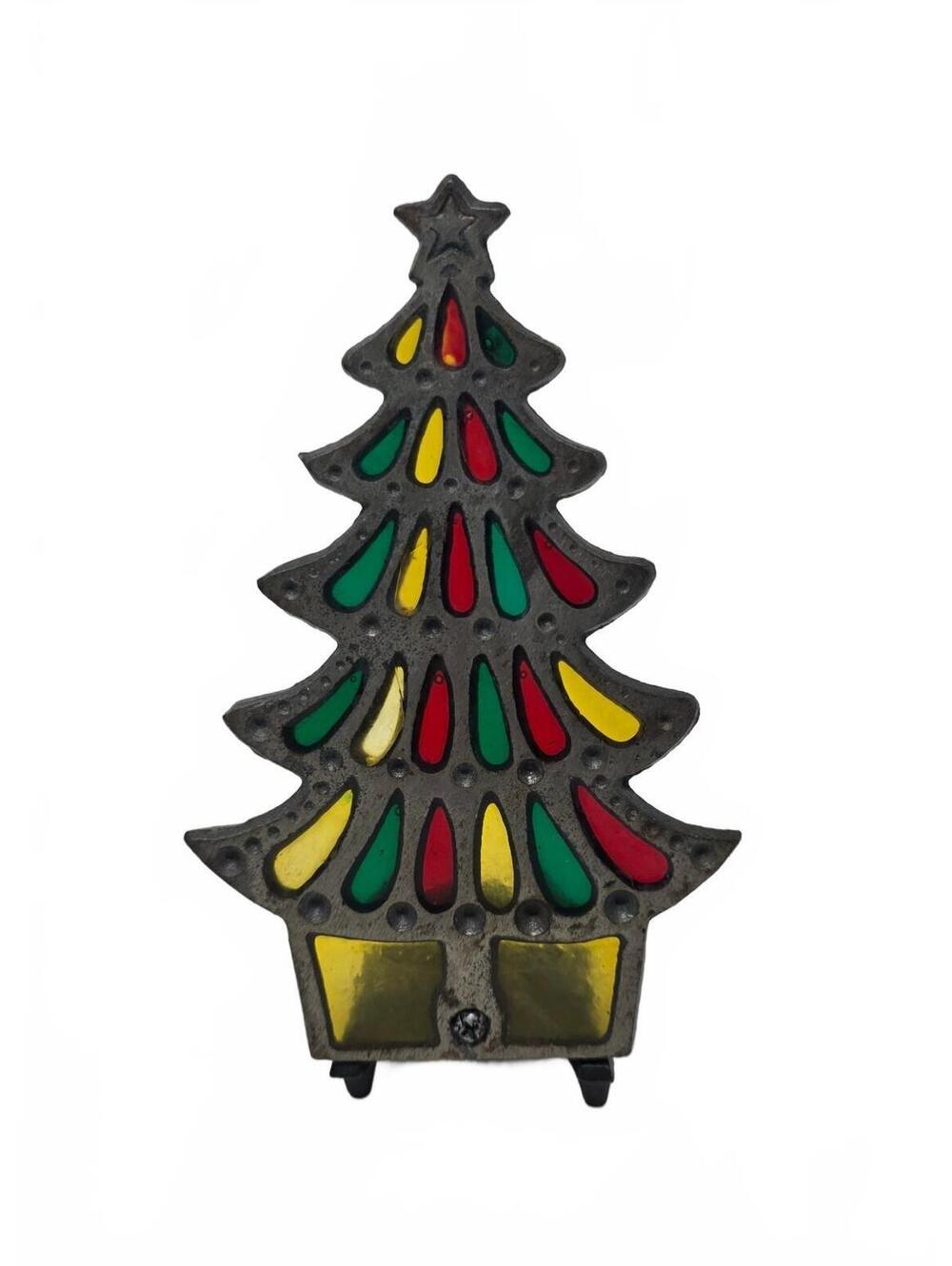 Vintage Cast Metal Christmas Tree Votive Holder Stained Glass Style